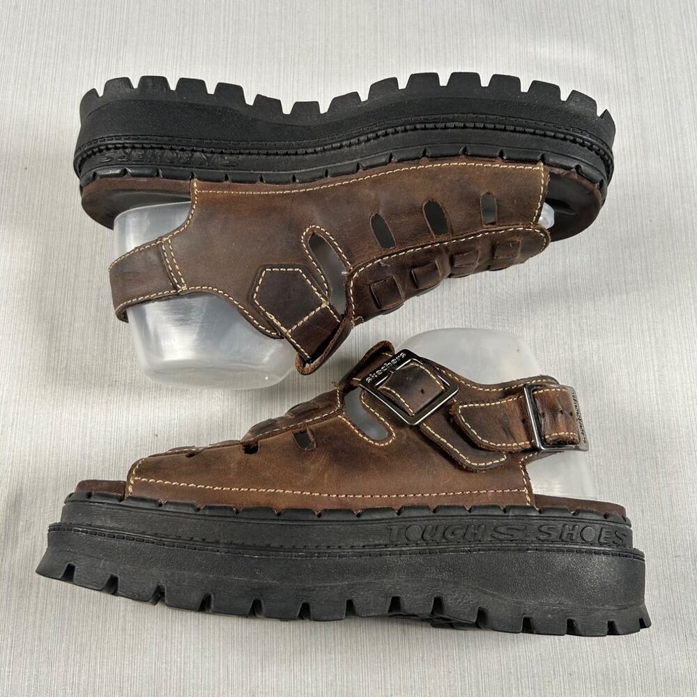 Skechers Tough Shoes Womens Size 9 Brown Leather Fisherman Platform Sandals VTG